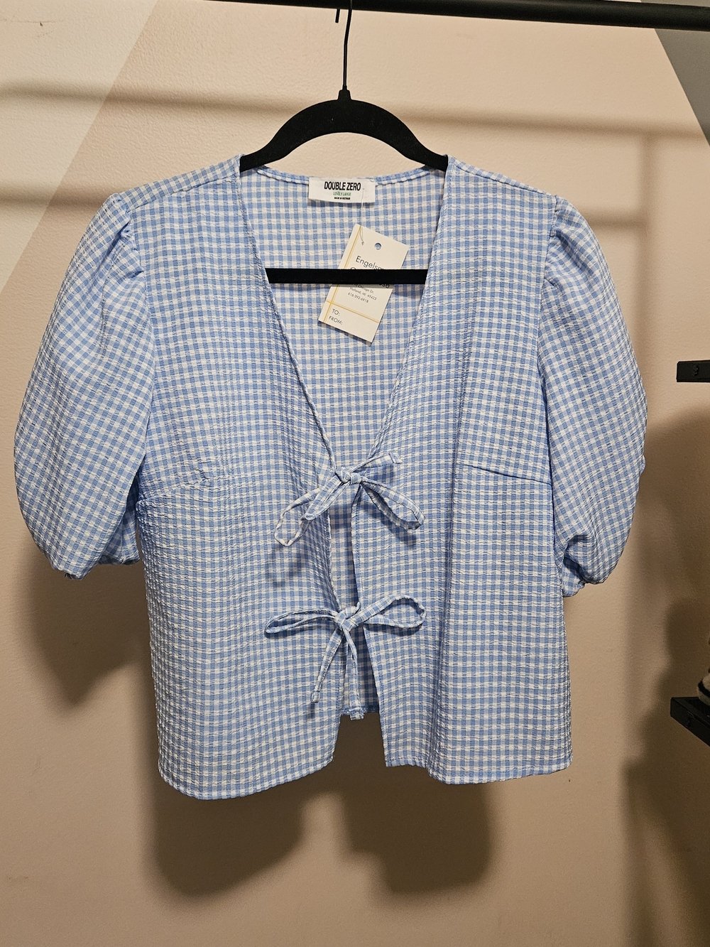 NWT Double Zero Light Blue Gingham Tie-Front Puff Sleeve Blouse
